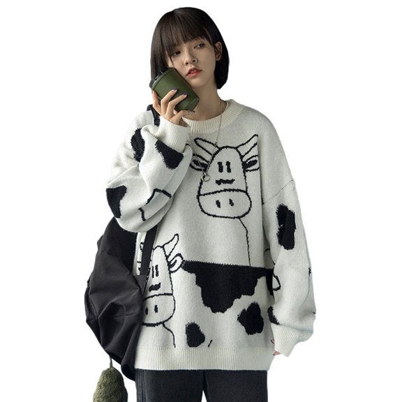 Fashionable Loose Sweaters for Women Teens Girls Cow Pattern Knitted Sweater Casual Crewneck Sweaters with Long Sleeves