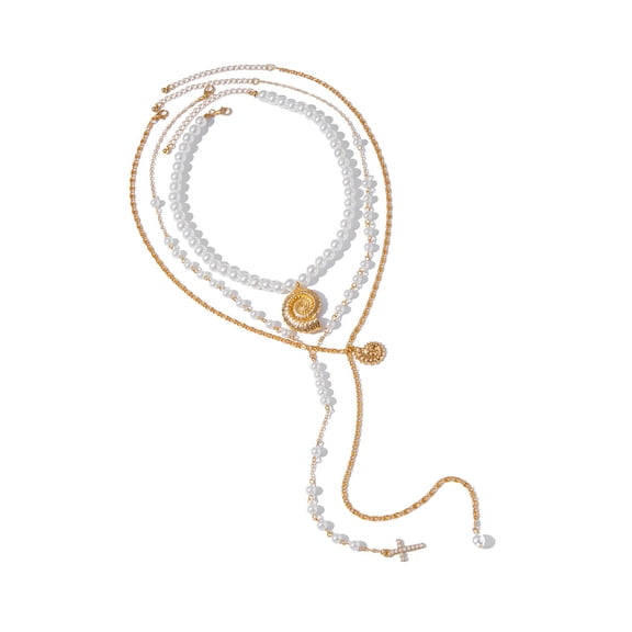 Fashionable Marine Inspired Shell and Crosses Charm Necklace with Sturdy Iron Chain and Pearls Accents for Fashion Lover