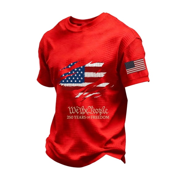 Fashionable Men's Loose Casual Flag-Print Short Sleeve T-Shirt with 'We the People' Graphic, Summer Casual Wear,Red,2XL