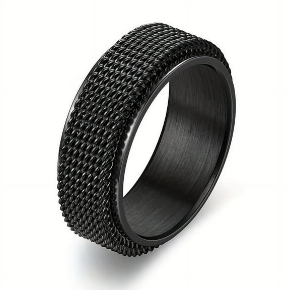 Fashionable Men's Stainless Steel Rotating Ring - 8mm Silver Chain Braided Mesh Design, Trendy Men's Ring Jewelry,Black-12