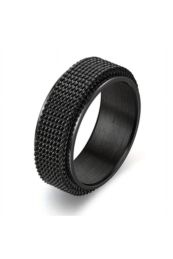 Fashionable Men's Stainless Steel Rotating Ring - 8mm Silver Chain Braided Mesh Design, Trendy Men's Ring Jewelry,Black-12