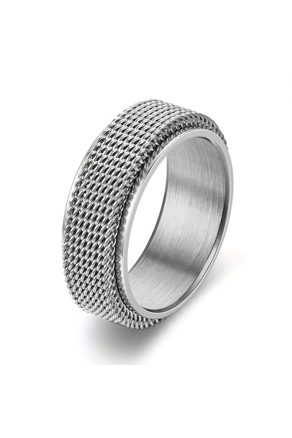Fashionable Men's Stainless Steel Rotating Ring - 8mm Silver Chain Braided Mesh Design, Trendy Men's Ring Jewelry,Silver-8