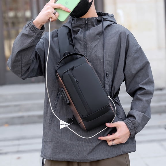Fashionable Men's Waterproof Shoulder Bag Sports,Grey with Brown