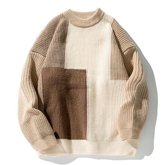Fashionable Men'sRound Neck Long Sleeved Patchwork Color Knitted Sweater