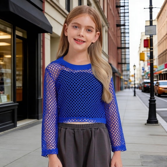 Fashionable Mesh Hollow Out Long Sleeve Blouse for Big Girls and Teenage Tweens Casual Breathable Top T-Shirts Kids Short Sleeve Crewneck Solid Basic Tees Casual Tops
