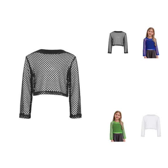 Fashionable Mesh Hollow-Out Long Sleeve Blouse for Big Girls & Tweens â Breathable Casual Crop Top, See-Through Y2K Streetwear Pullover for Hop Dance