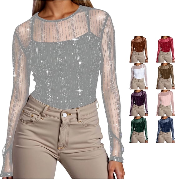 Fashionable Mesh Long Sleeve Blouse Elegant for Casual and Evening Wear Long Sleeve T Shirt Tee Exercise Wear Loose Fit Women Tees and Tops Shirt Athletic Women Tunic Raglan Spandex T Shirts
