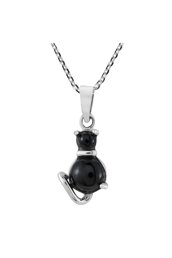 Fashionable Mini Black Cat Feline Onyx Sterling Silver Pendant Necklace