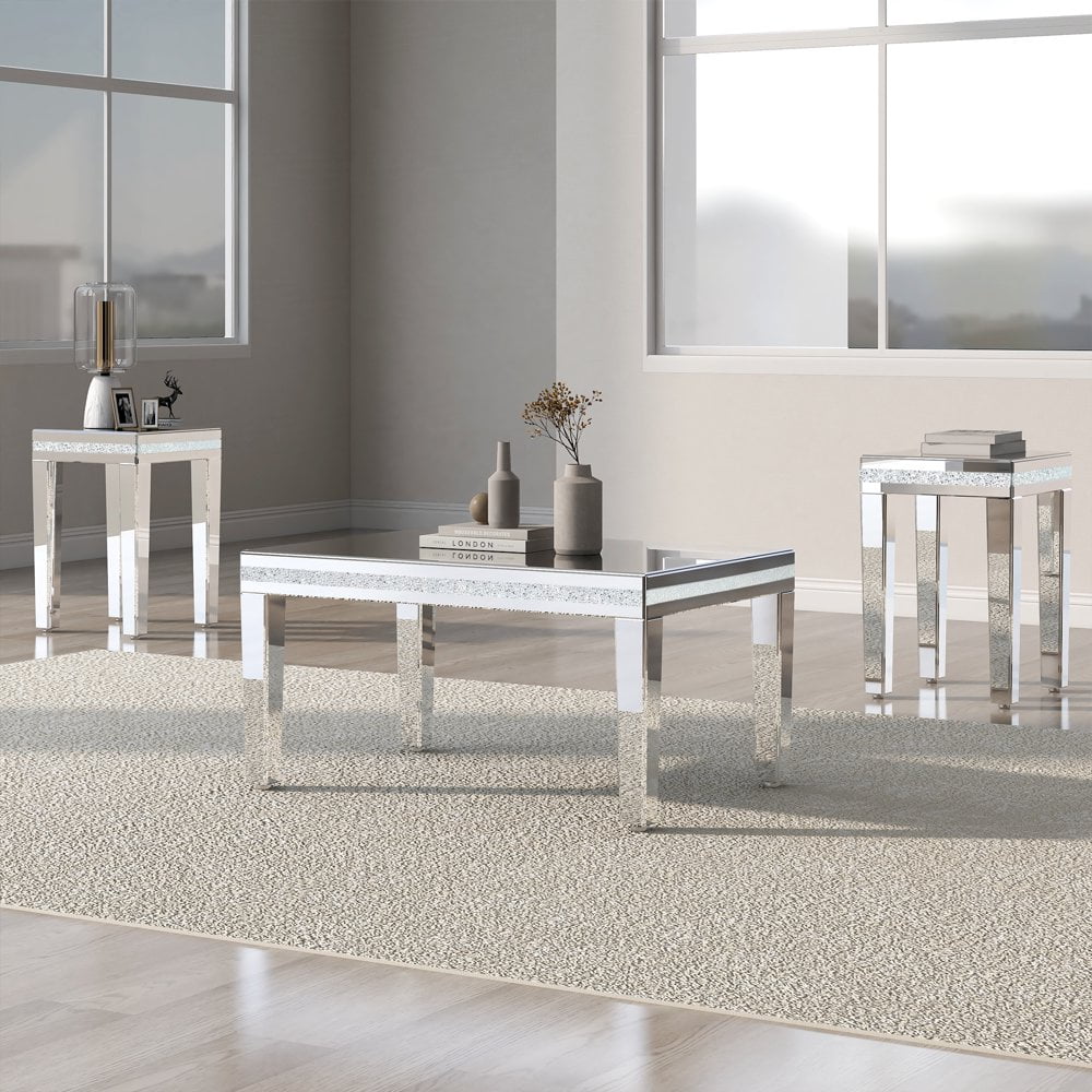 Silver Mirrored Glass Coffee Table Set with Crystal Design