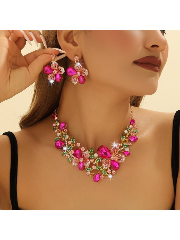 Fashionable New Minimalist Style, Light Luxury, High-End Floral Necklace Earrings Set, Colorful Rhinestone Jewelry, Birthday Gift for Women