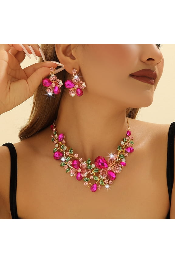 Fashionable New Minimalist Style, Light Luxury, High-End Floral Necklace Earrings Set, Colorful Rhinestone Jewelry, Birthday Gift for Women