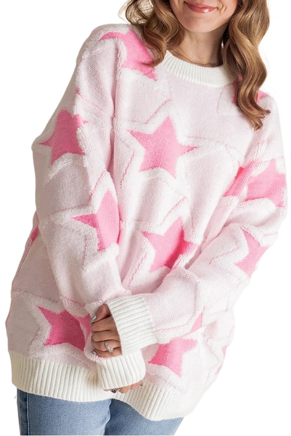 Fashionable Oversized Pink Star Pattern Sweater for Women – Ideal for Everyday Comfort in Winter [ZhiHiMeRi] | S