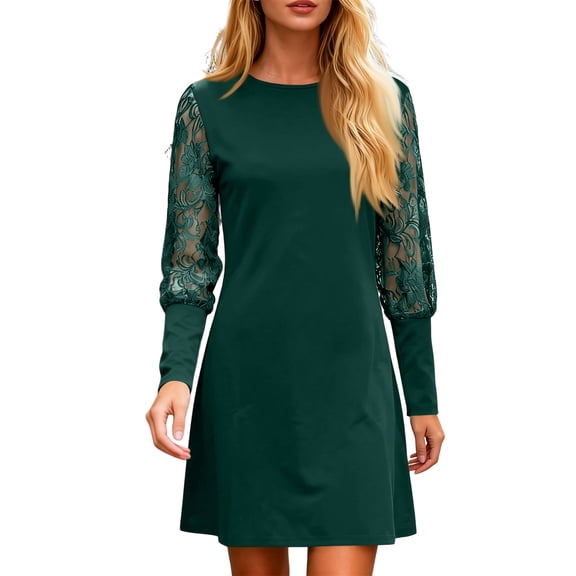 Fashionable Patchwork Lace Long-sleeved Round Neck Dress Solid Chic Simple Style Temperament Party Dresses Army Green L