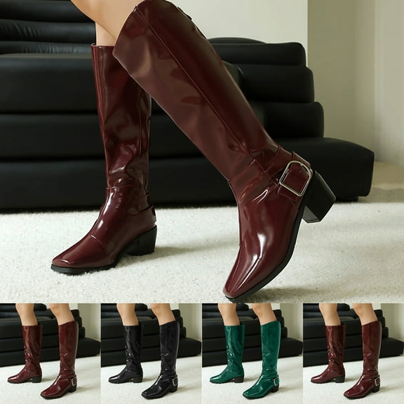 Fashionable Patent Leather Mid-Heel Boots Comfortable Thick Heel Versatile Casual Footwear for Fall and Winter Stylish Look