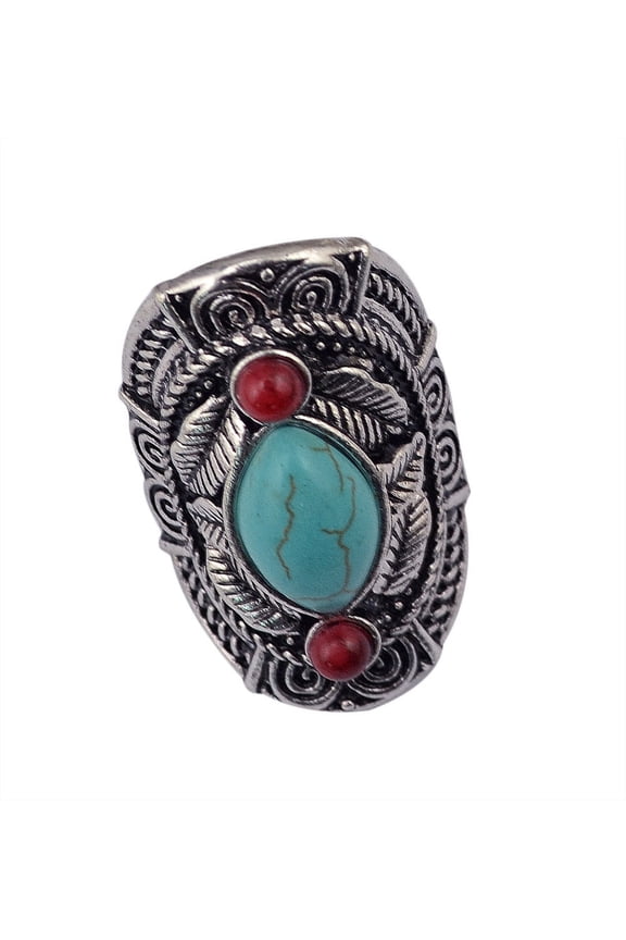 Retro Turquoise Alloy Ring For Women Exaggerated Round Statement Jewelry With Electroplating Inlay Details Set