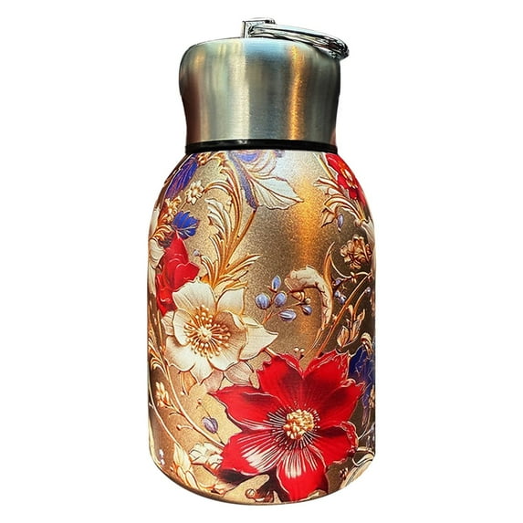 Fashionable Portable Thermos Water Bottle with Floral Shadow and Golden Color， Leak Proof with and Handle to Keep Drinks Hot and Cold Portable Travel Mug Suitable for Gym