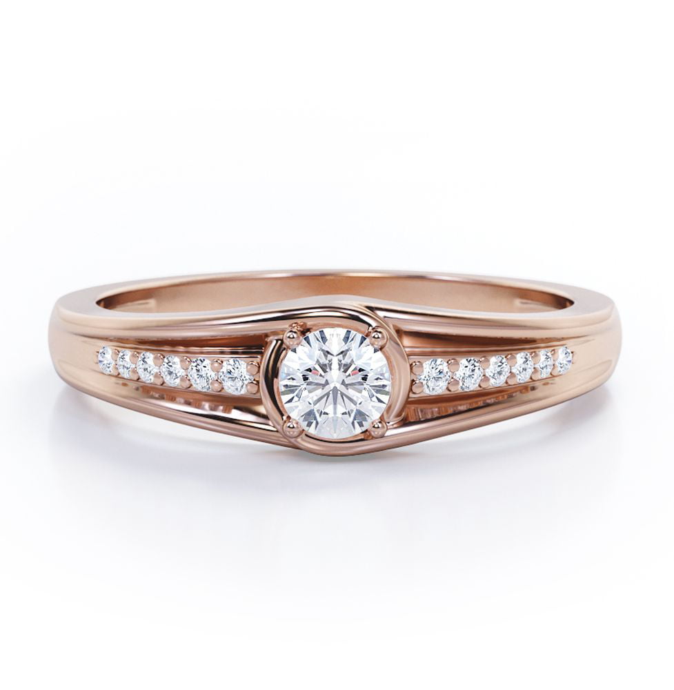 Fashionable Prong Bezel - 0.45 TCW Round Cut Diamond - Flush Pave Engagement  Ring - 10K Rose Gold 