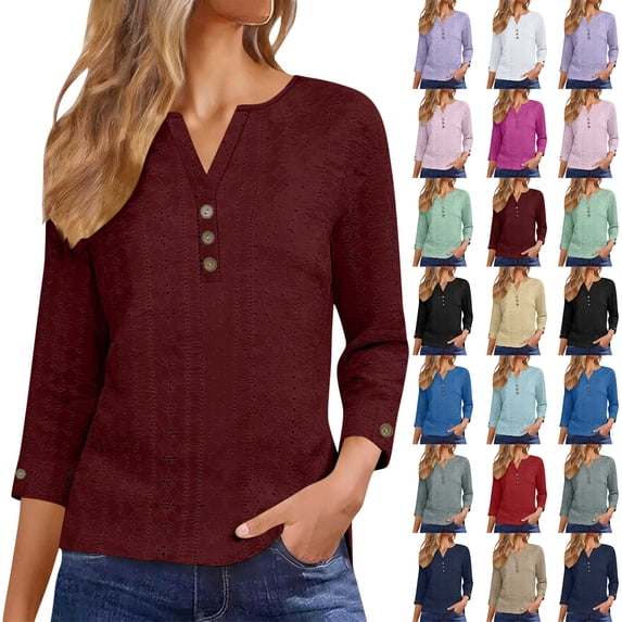 Fashionable Pullover Womens 3/4 Sleeve V Neck Henley Button Casual Tunic Tops Summer Loose Daily Shirts 3XL