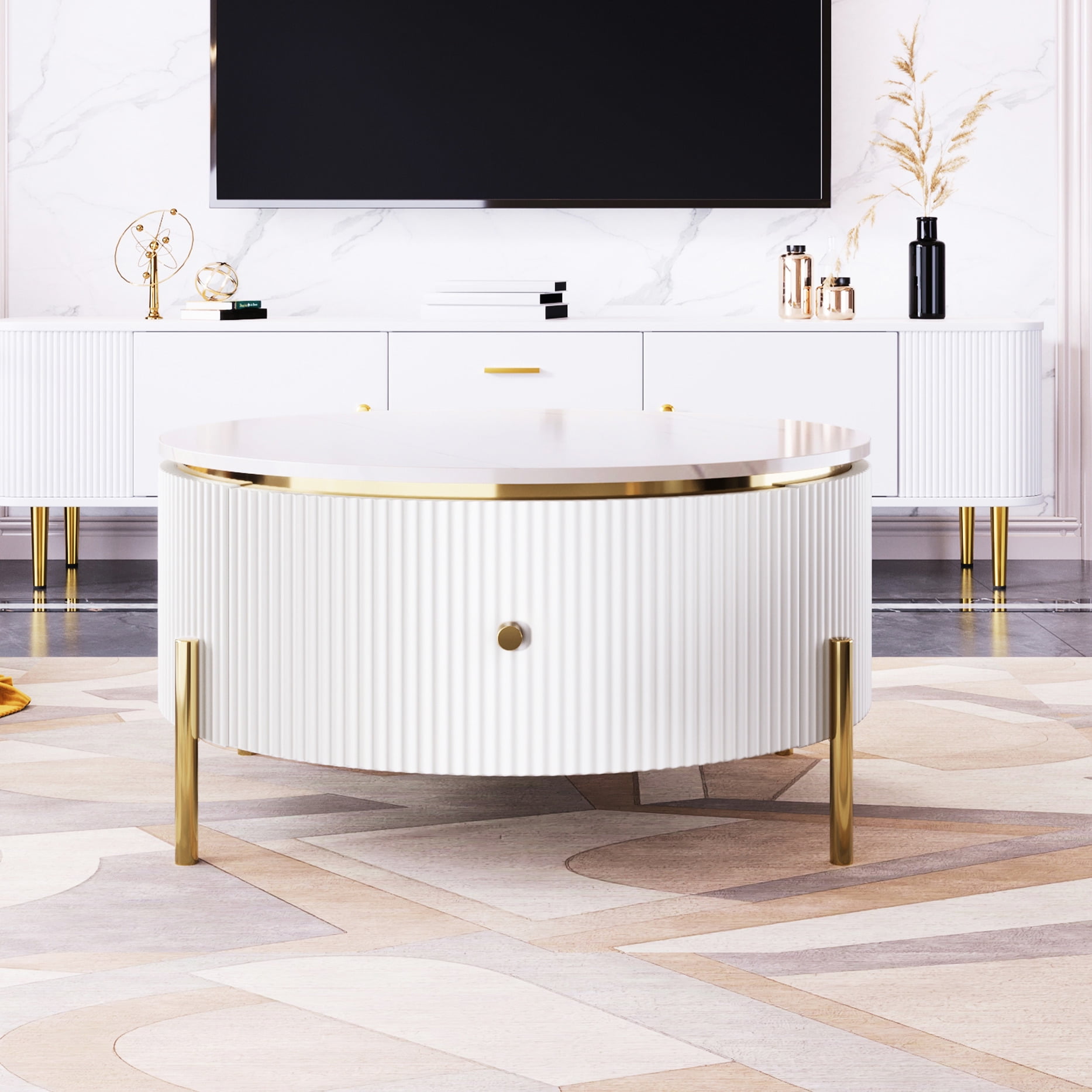 Fashionable Round Coffee Table, 2 Generous Drawers, Exquisite Marble ...