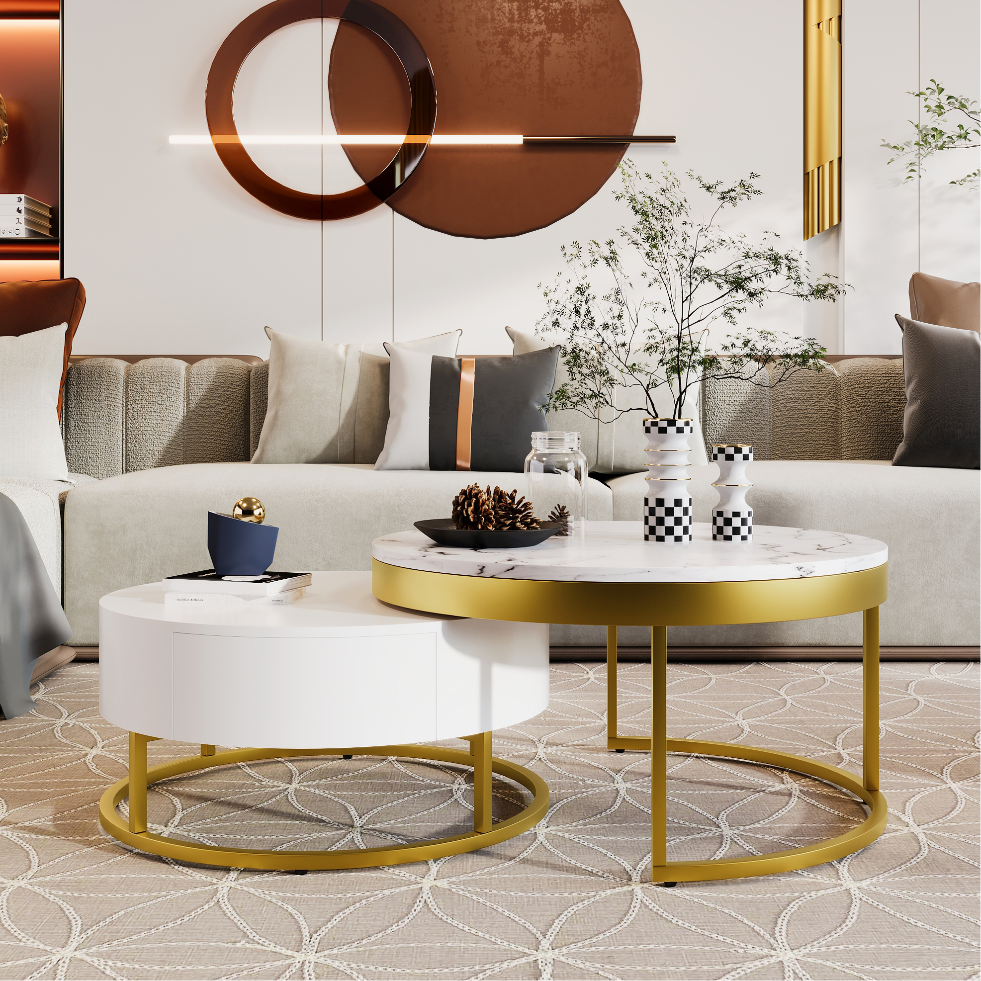 Fashionable Round Nesting Coffee Table With Drawers In White And Gold ...