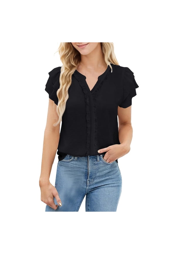 Fashionable Ruffled V Neck Womens Pullover Double Layered Short Sleeved T Shirt