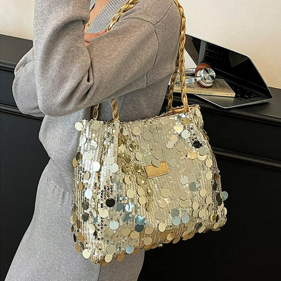 Fashionable Sequin Bag Women's Glitter Sequins Shoulder Tote Big Capacity Shimmer Shopping Bag Casual Shoulder Bag Sparkling Handbag Purse