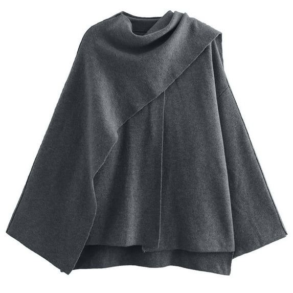 Fashionable Short Knit Sweater Coat with Asymmetrical Scarf for Ladies Casual Long Sleeve Side Slit Cardigan Jackets