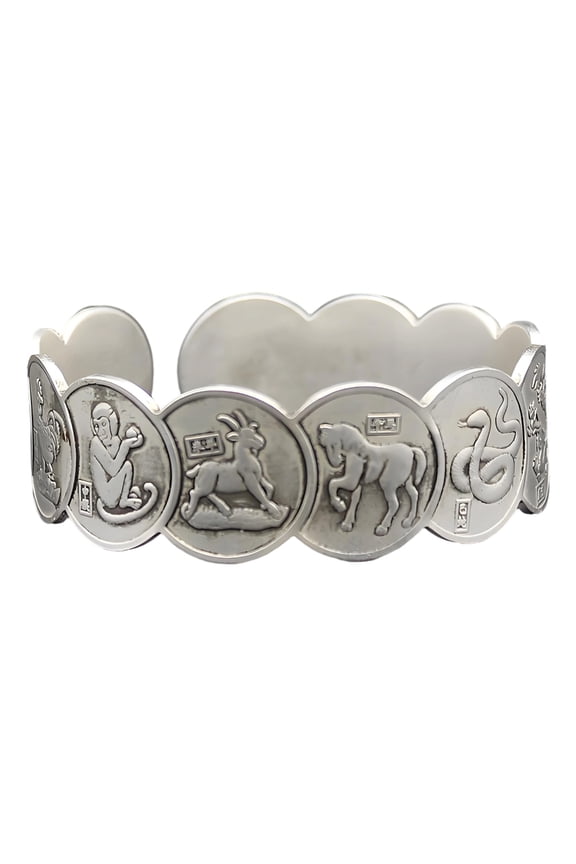 Fashionable Silver Tone Copper Bangle With Exquisite 12 Chinese Zodiacs Patterns Adjustable Size Unisex Jewelry