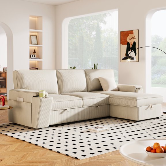 Fashionable Sleeper With Cozy Armrest Storage And Cup Holder Designs - Beige 3 Luxury Sectional Holders