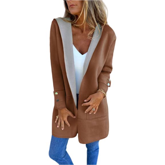 Fashionable Solid Color Long Sleeved Casual Sweater Cardigan, Hooded Jacket with Pockets for Versatile Layering in Women's Everyday Wardrobe,Coffee,S
