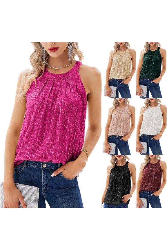 Fashionable Solid Color Neck Model Women's Sequined Sexy Micro-elastic Sling Sequined Vest