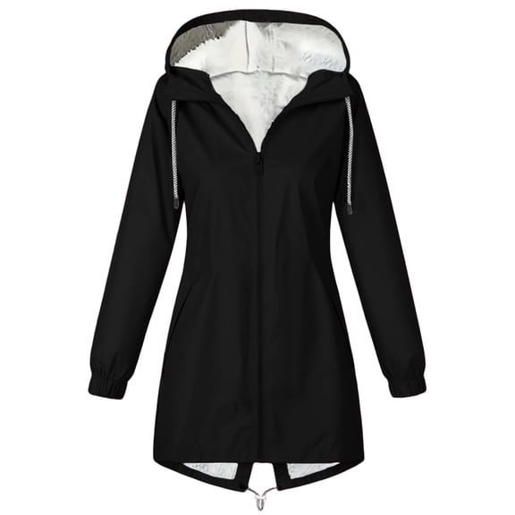 Women's Fashionable Longline Hiking Jacket - Solid Color Warm Hooded Fleece Lined Casual Outerwear, Black, S