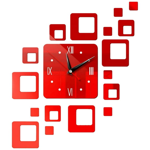 Fashionable Square Combination Wall Clock with Mirror Stickers, Acrylic Silent Clock, Modern Home Decor for Living Room, Study, Bedroom, Easy to Install and Adjust,Red