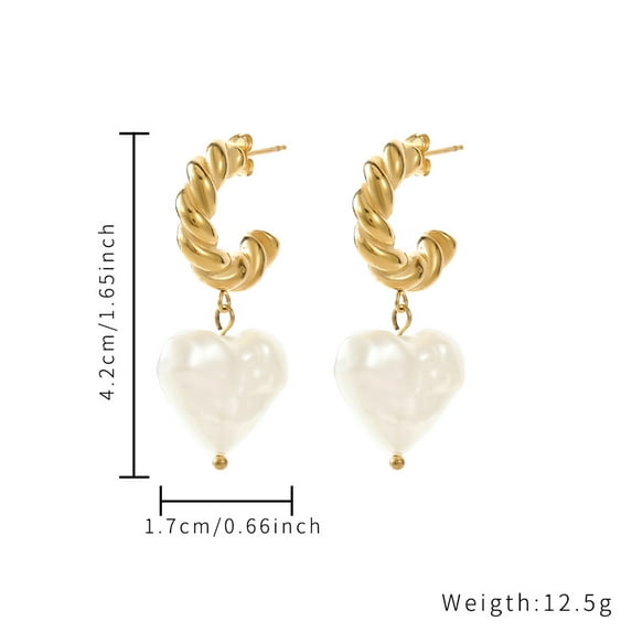 Fashionable Stainless Steel Heart Stud Earrings with Imitation Pearl Real 18K Gold Plated 42x17mm