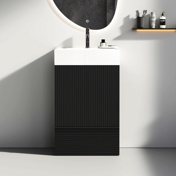 Fashionable Striped Design with Water-Resistant Surface - Modern Bathroom Vanity for Safe and Organized Storage