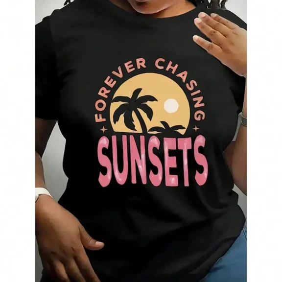 Fashionable Sunset Pattern Printed T-Shirt, Soft Knitted Fabric, Unisex T-Shirt