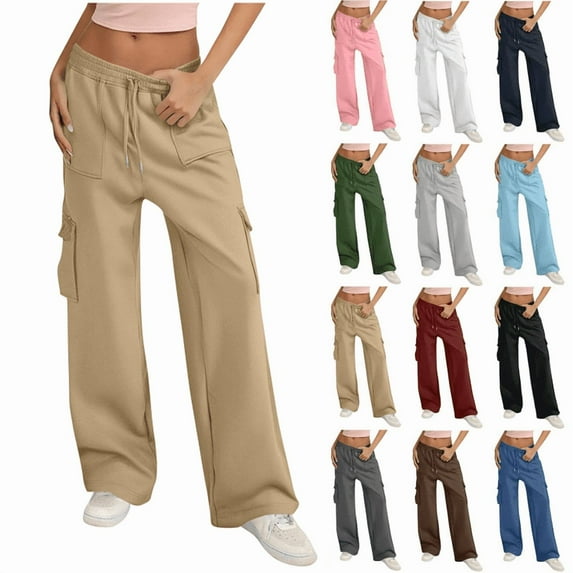 Fashionable Sweatpants Women Casual Drawstring Solid Color Sports Multi-Pocket Cargo(Four Pockets) Fall Clothes Spring Outfits Resort Wear 2025 Beige S-2XL