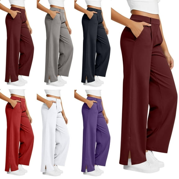Fashionable Sweatpants Women Sportswear Casual Solid Color Elastic Waist Side Pocket Wide-Leg Yoga Side Slit (Buttocks False Pocket) Fall Clothes Spring Outfits Resort Wear 2025 Wine S-2XL