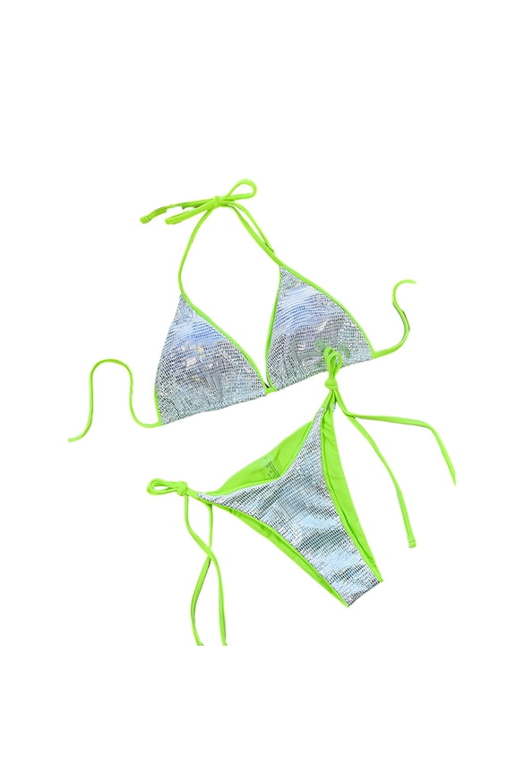 Fashionable Tankini Swimsuit with Gilding Trim Neck Bikini Separates for Beach Pool Halter Top String Bottom Green S