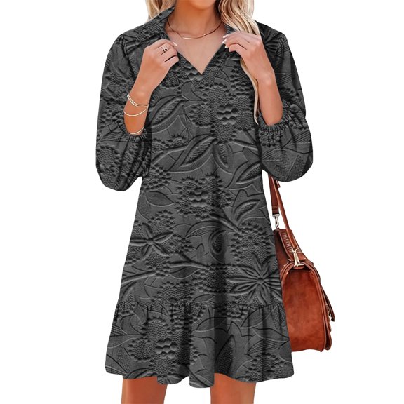 Fashionable Temperament Fall Winter Button Lapel Three-Dimensional Flower Print Mini Short Dress Dark Gray S