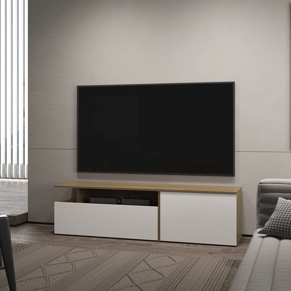 Fashionable Tv Stand With Drop-down & Hinged Doors, Open Shelf For Table , Cable Management In Natural Oak/white Modern Shelving Headphones, Organization