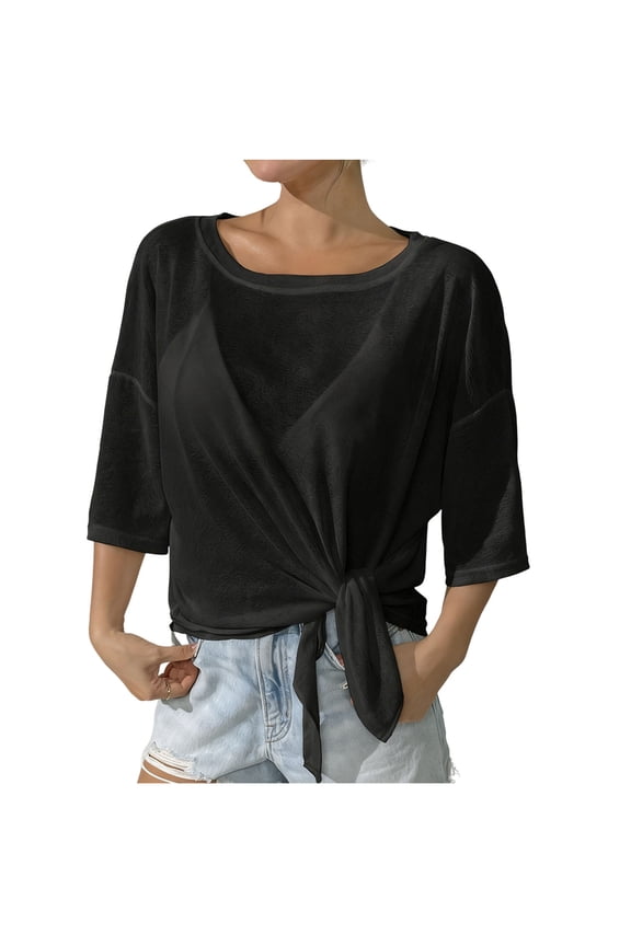 Fashionable Twist Front Blouse – Women's Casual Round Neck Top with Tie Hem Detail, Solid Color 3/4 Sleeve T-Shirt, Relaxed Fit Tunic Style for Fall Spring Wear