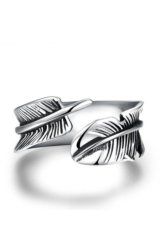 Fashionable Unisex 316L Surgical Stainless Steel Feather Cuff Rings Open Rings Antique Silver Size 8 18.1mm