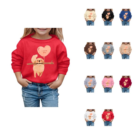 Fashionable Valentine Puppy Print Girls Hooded Sweatshirt, Cozy Autumn Winter Casual Long Sleeve Pullover Top with Cute Dog Graphic for Kids