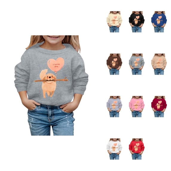 Fashionable Valentine Puppy Print Girls Hooded Sweatshirt, Cozy Autumn Winter Casual Long Sleeve Pullover Top with Cute Dog Graphic for Kids