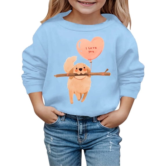 Fashionable Valentine Puppy Print Girls Hooded Sweatshirt, Cozy Autumn Winter Casual Long Sleeve Pullover Top with Cute Dog Graphic for Kids