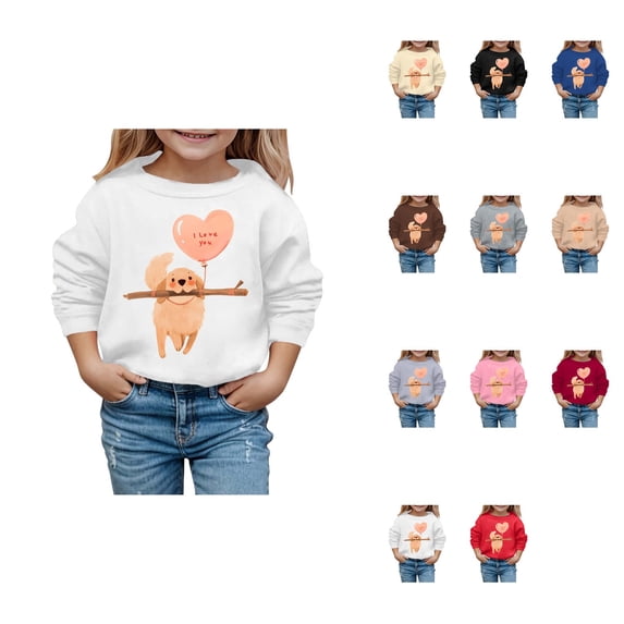 Fashionable Valentine Puppy Print Girls Hooded Sweatshirt, Cozy Autumn Winter Casual Long Sleeve Pullover Top with Cute Dog Graphic for Kids