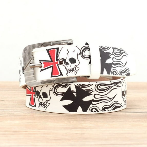 Fashionable Various Scenes Personalized Printing Pin Buckle Design Pin Buckle Belt Punk Belt Alloy Buckle Head Belt With Skull Pattern PRINTED GHOST HEAD WHITE