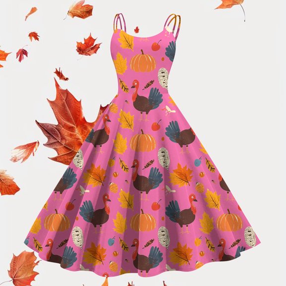 Fashionable And Versatile Suspender Thanksgiving Maple Leaf Turkey Print Large Swing Skirt Evening Gowns for Weddings Dress for Women Evening Gown Dresses Long Elegant Womens Dresses with Split Wing
