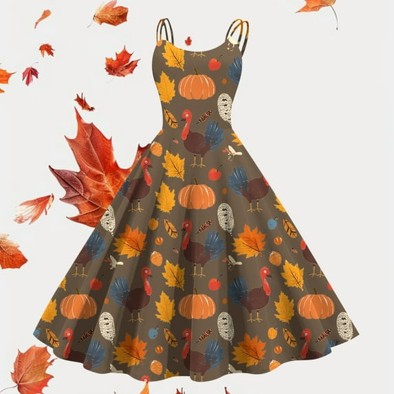 Fashionable And Versatile Suspender Thanksgiving Maple Leaf Turkey Print Large Swing Skirt Formal Evening Gowns Petite Wedding Dresses for Guests Long Evening for Women Dress for Elegant And Semi